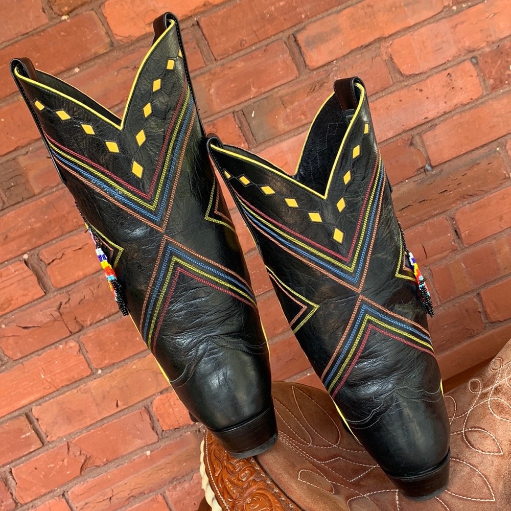 Larry Mahan Rare Vintage Aztec Beaded Fringe Black Leather Cowboy Western Boots - Picture 5 of 10